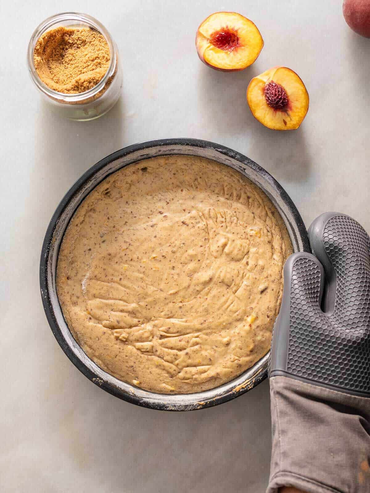 pour batter into the prepared baking dish.