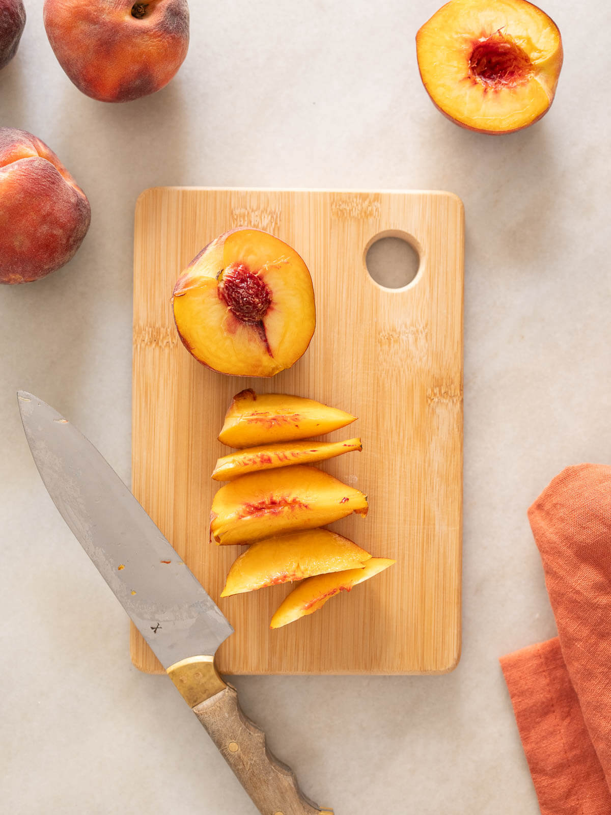 slice peaches in half moons.