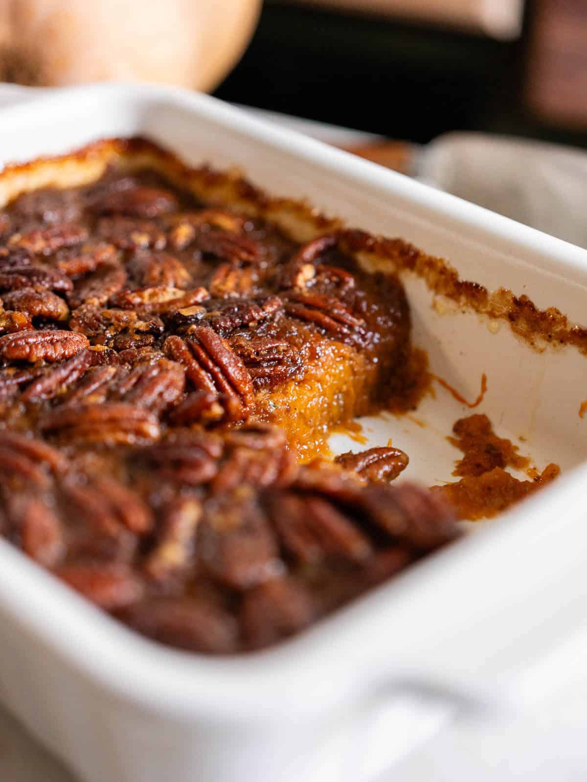 baking dish with missing portion after serving.