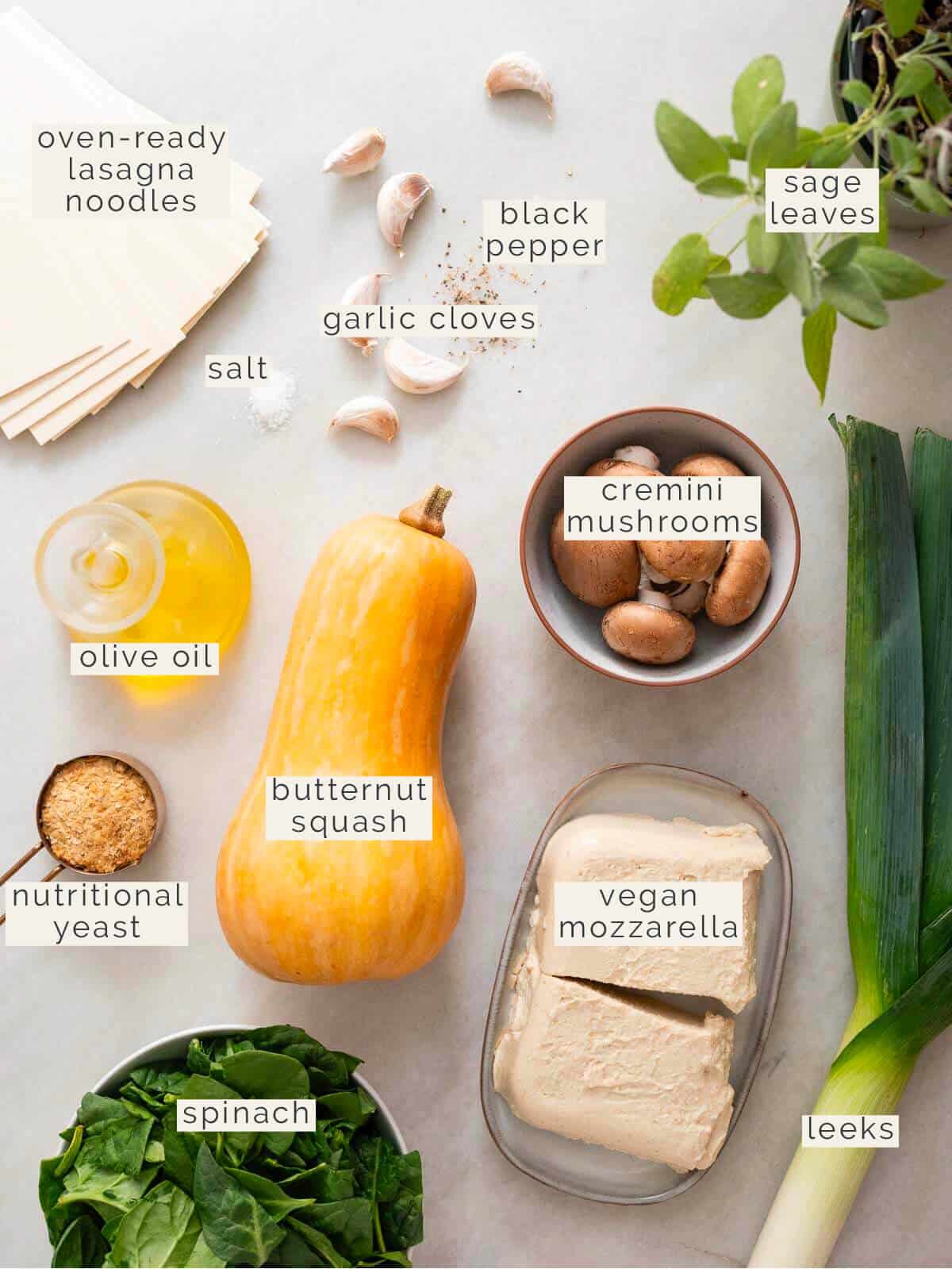 vegan butternut squash lasagna ingredients.