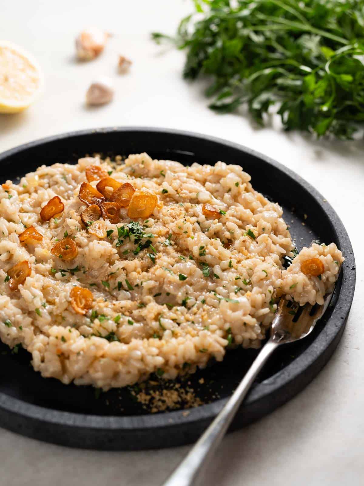 pleated garlic risotto.