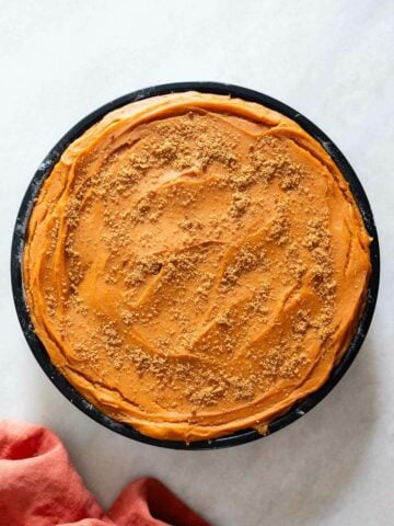sprinkle optional brown sugar on top of the unbaked sweet potato pudding.