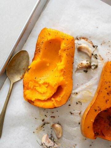 scoop out the roasted butternut squash puree and serve.