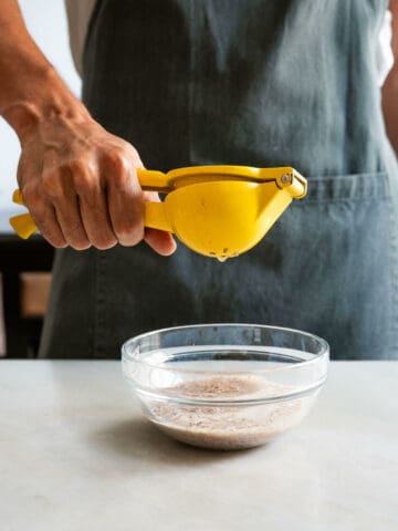 make flax egg, vegan buttermilk mixture by combining flax meal, plant milk, and lemon juice.