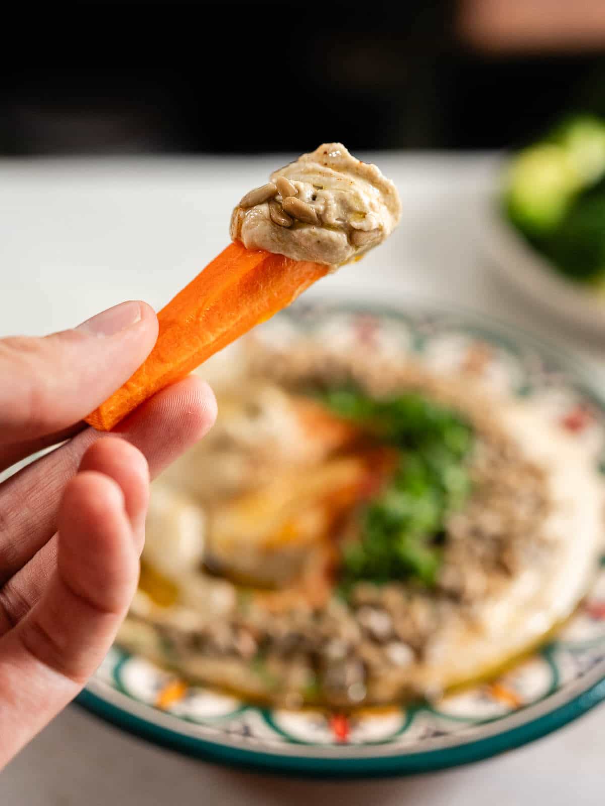 carrot stick with lentil hummus.