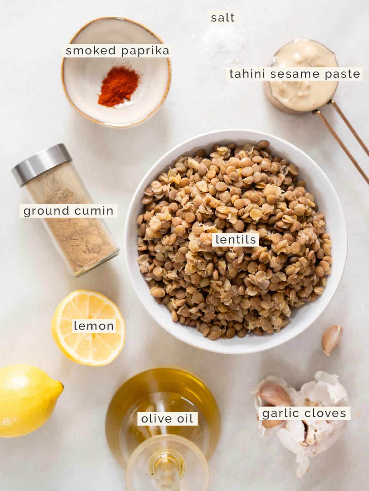 Ingredients to make a green lentil hummus.