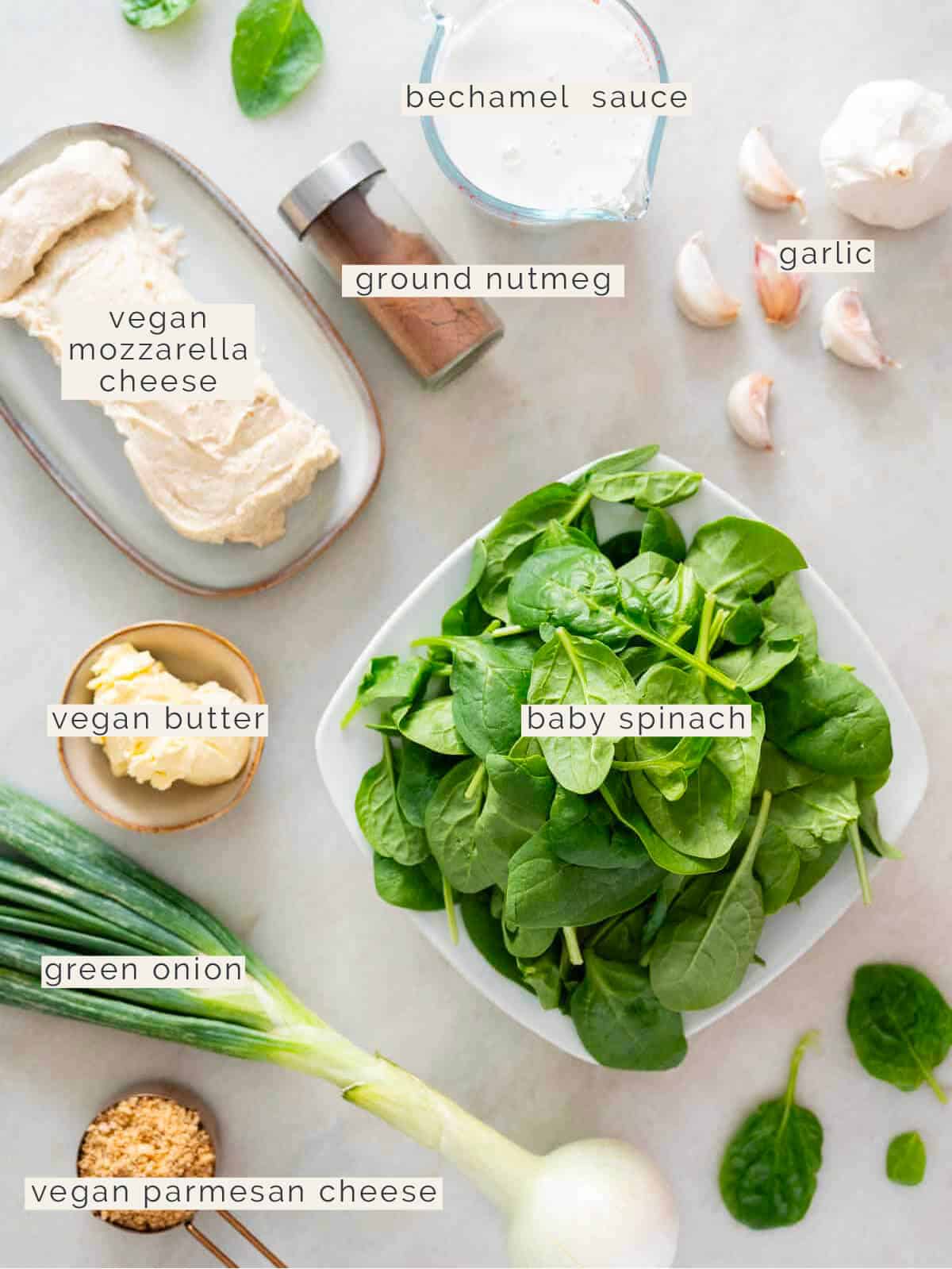 labeled creamed spinach casserole ingredients.