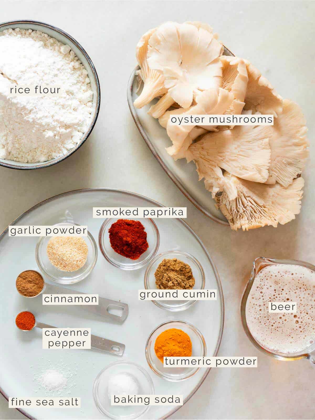 labeled ingredients to make the crunchy oyster mushroom recipe.