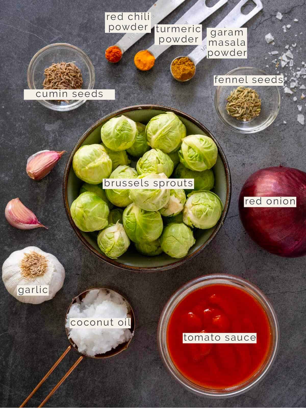 ingredients to make Indian Brussels sprouts.