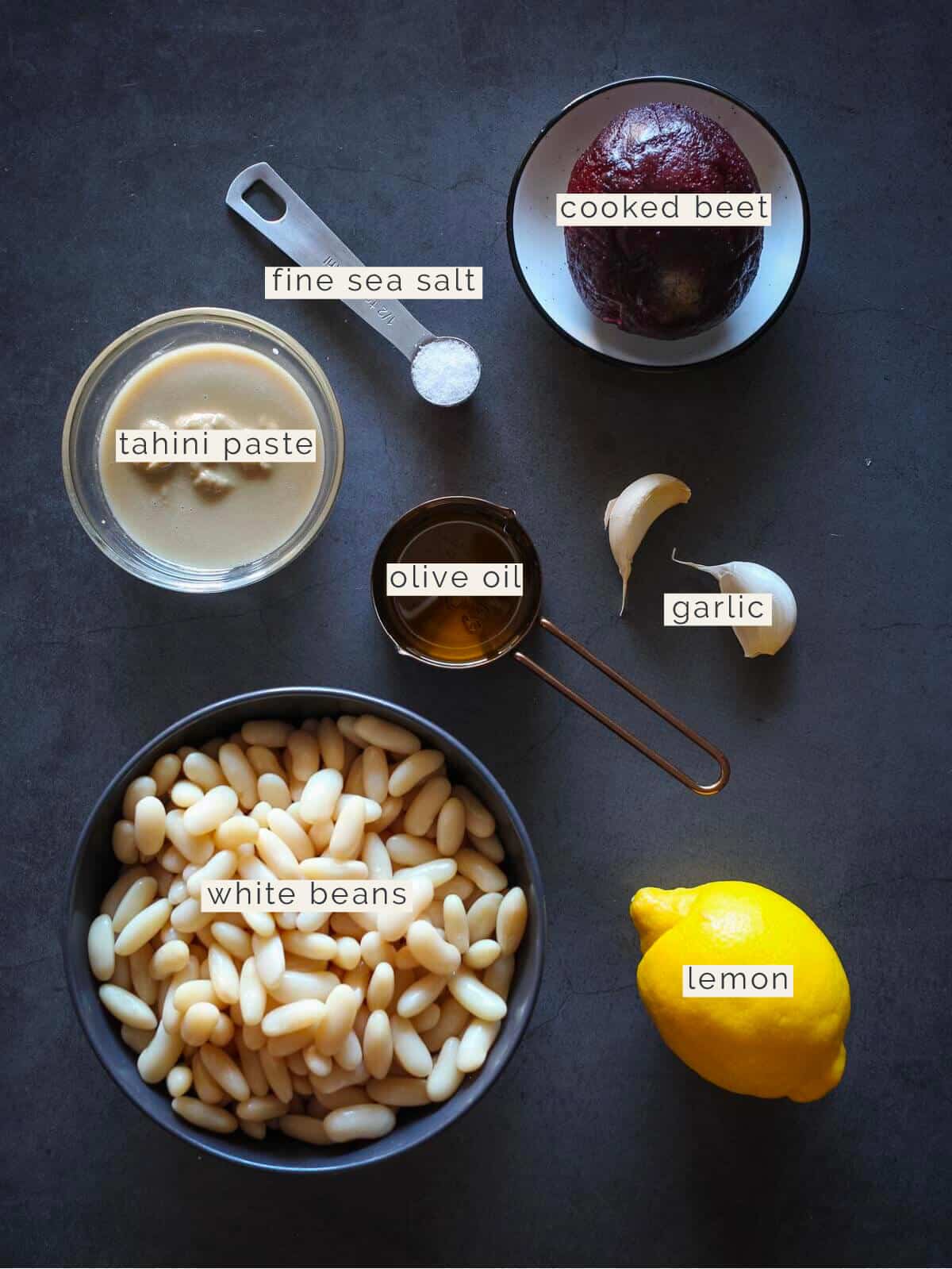 labeled Lemon beet hummus recipe ingredients.