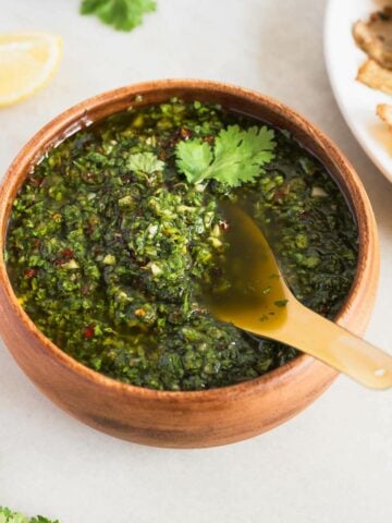 homemade cilantro chimichurri sauce in a bowl.