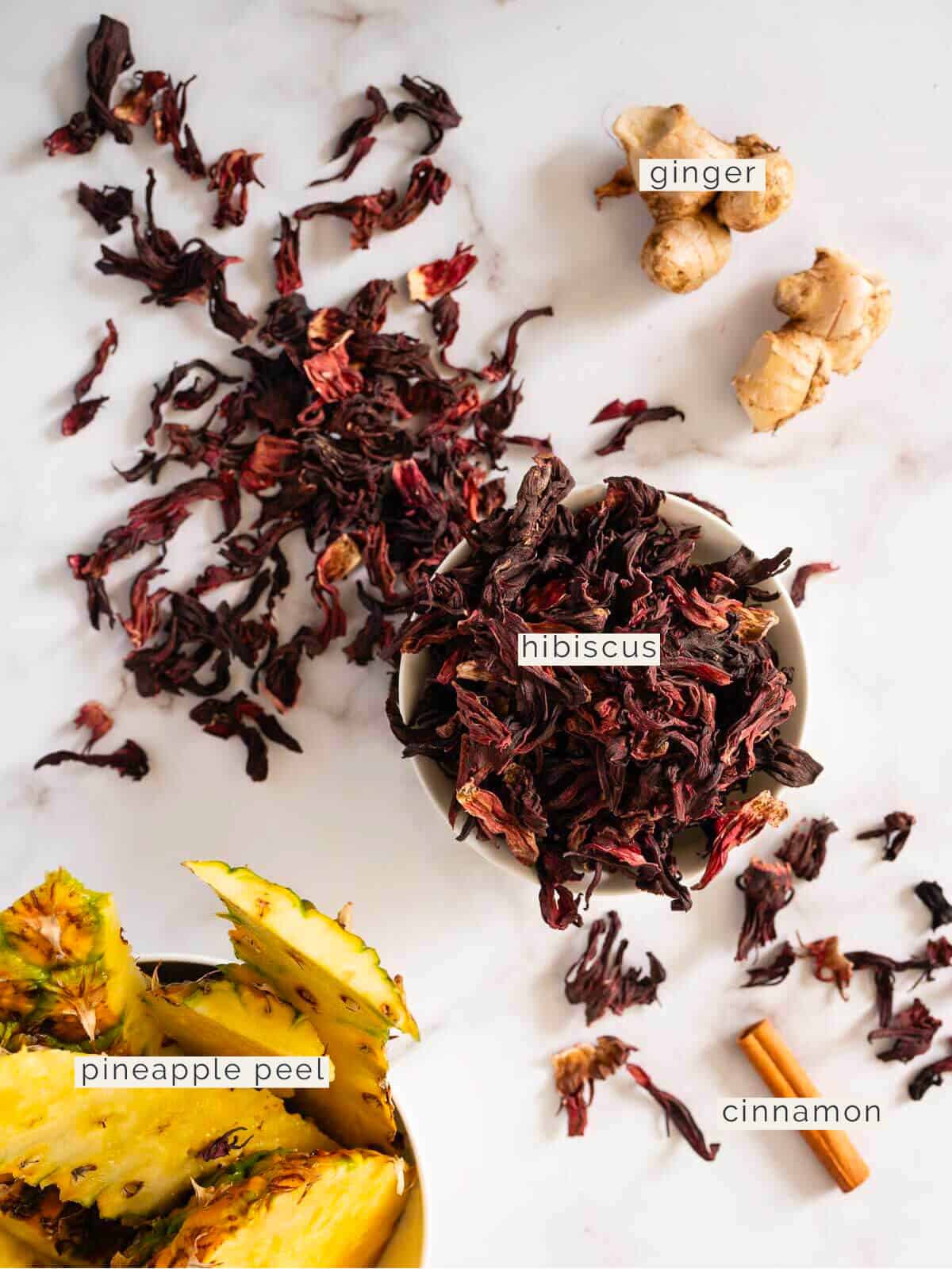 labeled ingredients to make hibiscus tea.