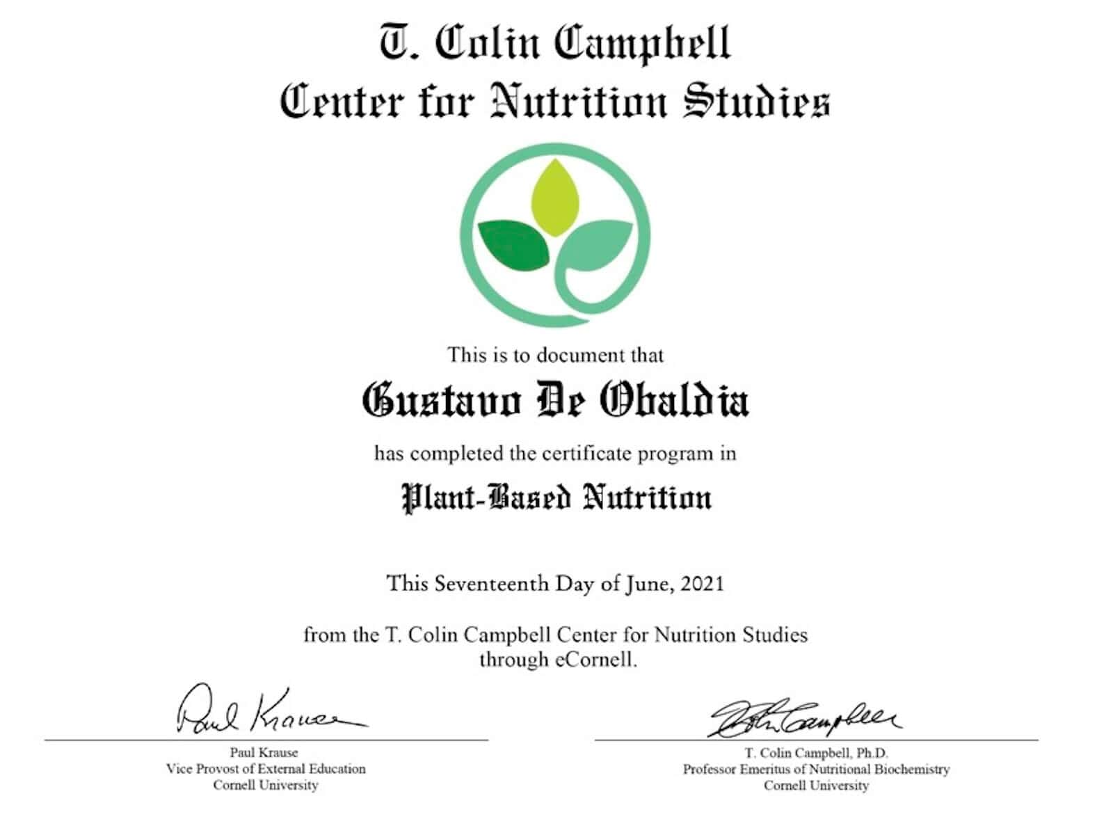 plant-based nutrition certificate issued by Cornel University for Gustavo De Obaldia on June 2021.
