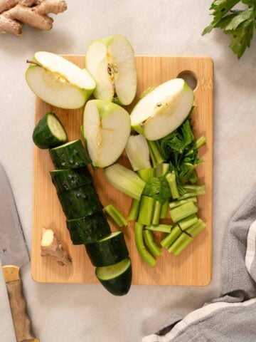chopped celery, ginger, cucumber, and green apple.