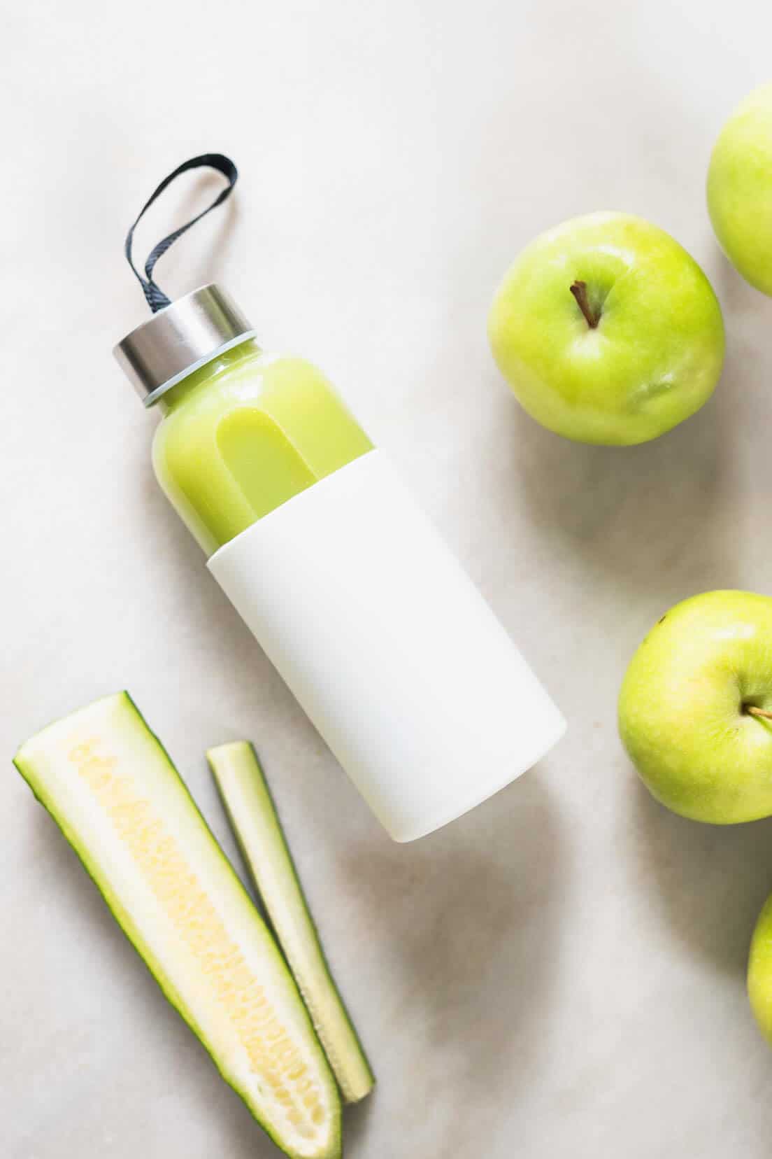 green juice stored on a BPA-free bottle.