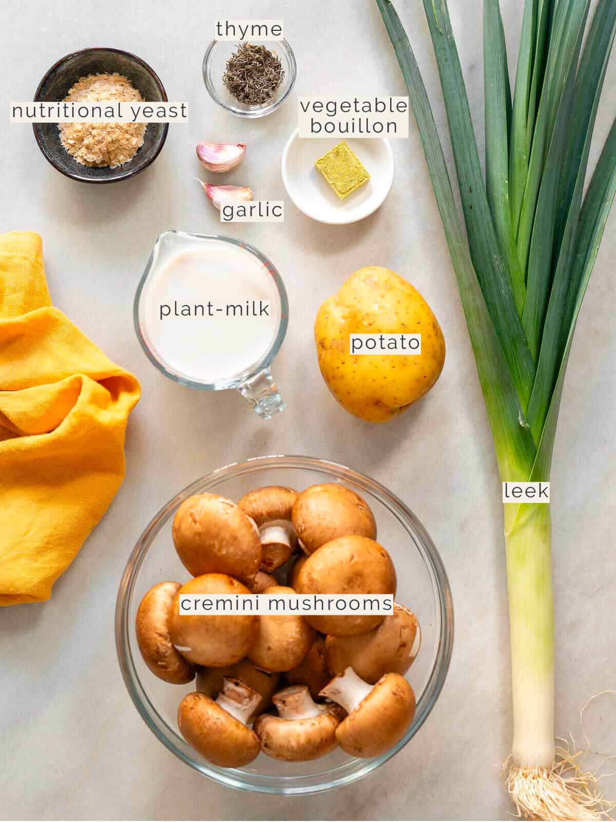labeled ingredients to make a mushroom soup without cream.