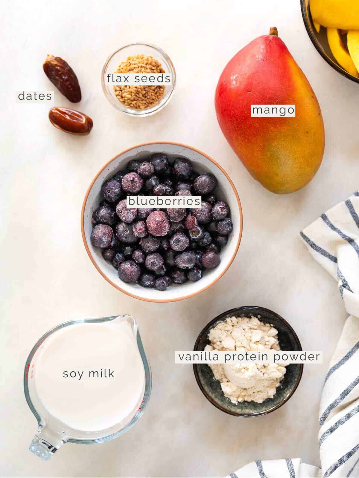 labeled ingredients to make a blueberry mango smoothie.