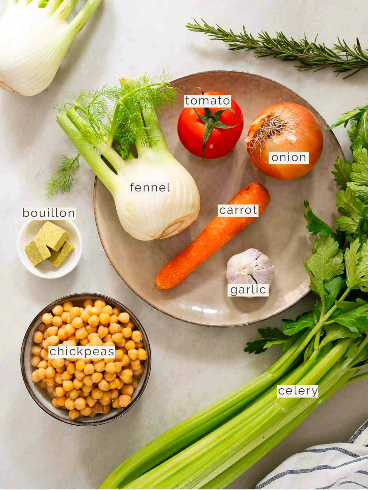 labeled ingredients to make a fennel soup with chickpeas.