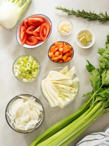 chopped vegetables and ingredients ready to make fennel soup.