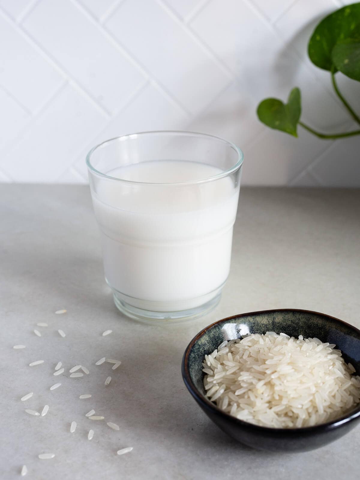 A glass of rice milk next to a bowl of uncooked white rice grains.