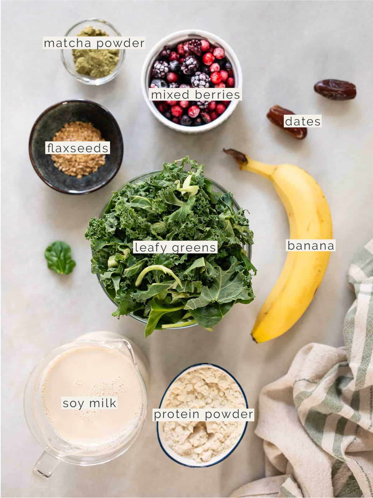 labeled ingredients needed to make the green smoothie.