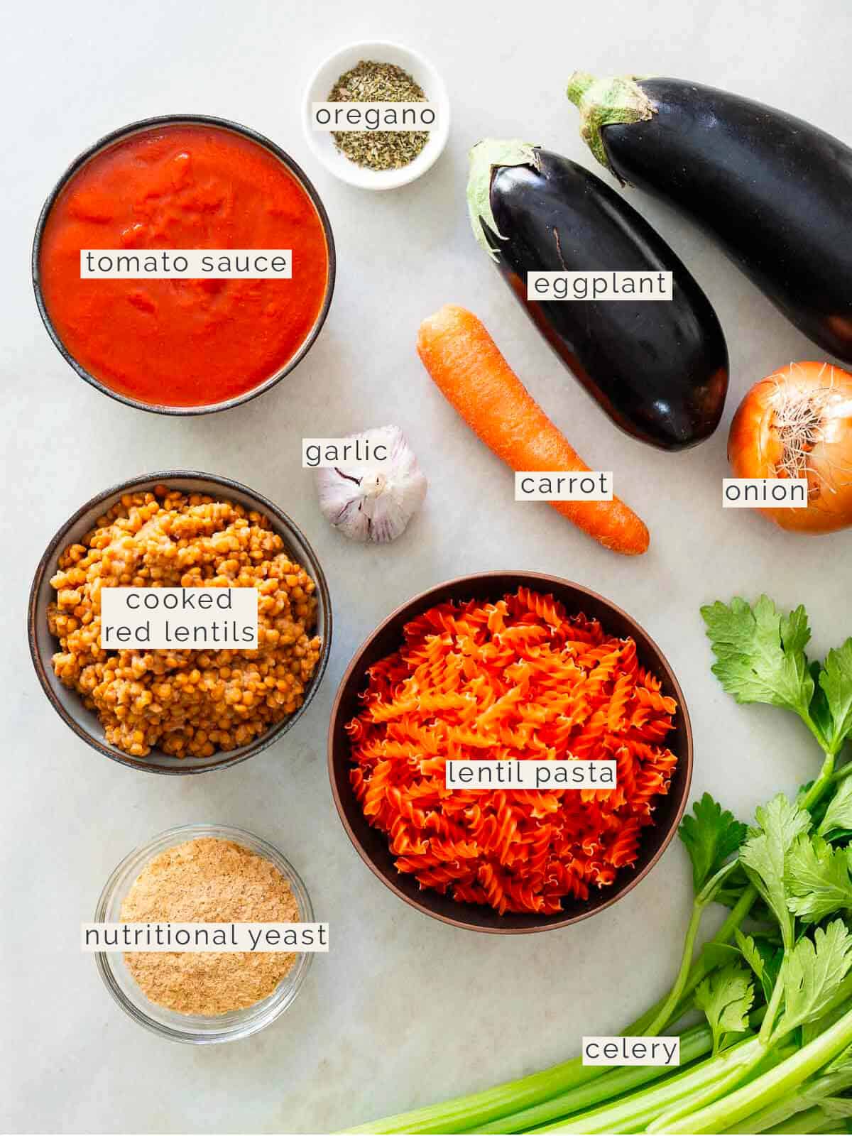 labeled ingredients needed to make a high-protein pasta sauce.