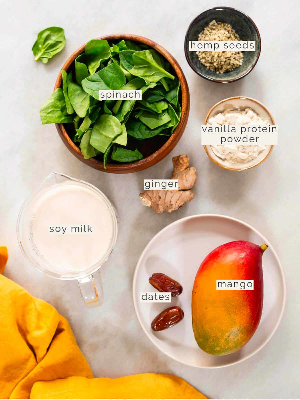 labeled ingredients to make a spinach mango smoothie.