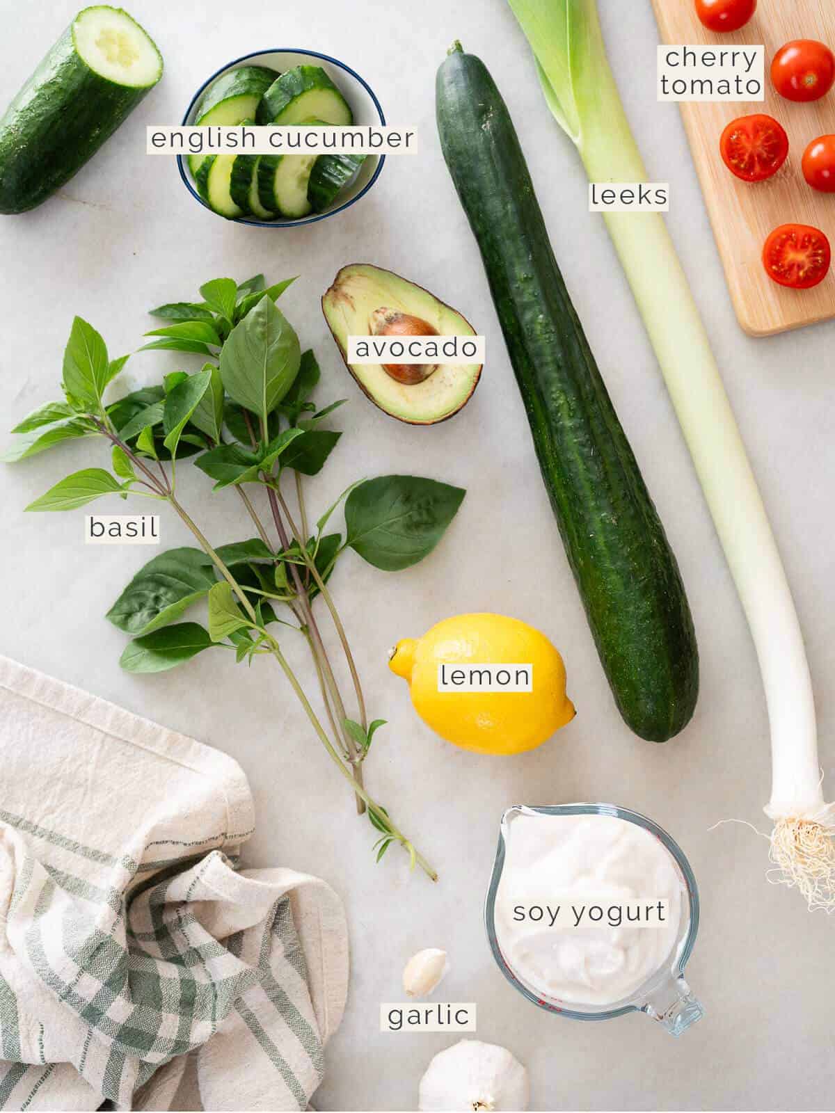 labeled ingredients to make cold cucumber soup.
