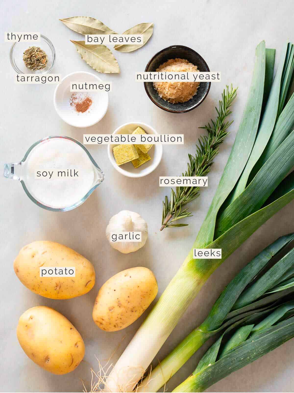 labeled ingredients to make a healthy leek and potato soup.