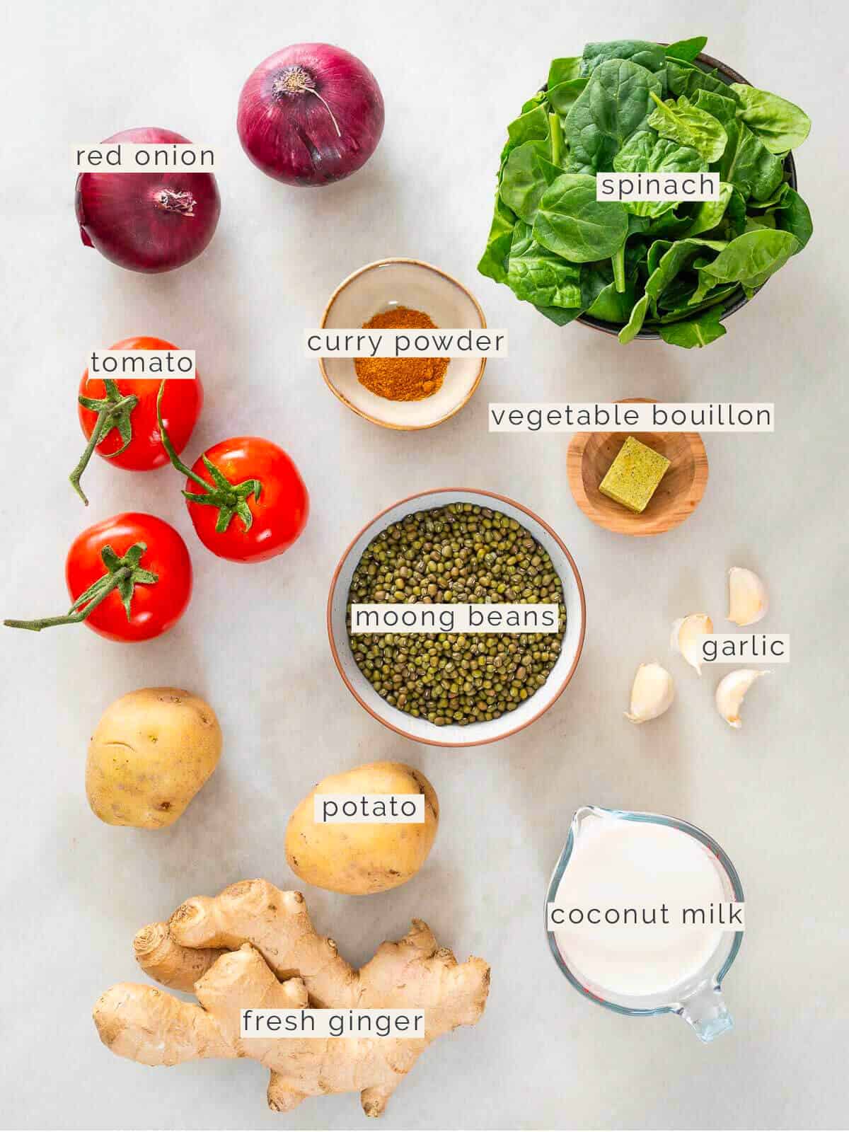 labeled ingredients to make a mung bean dal using an instant pot.