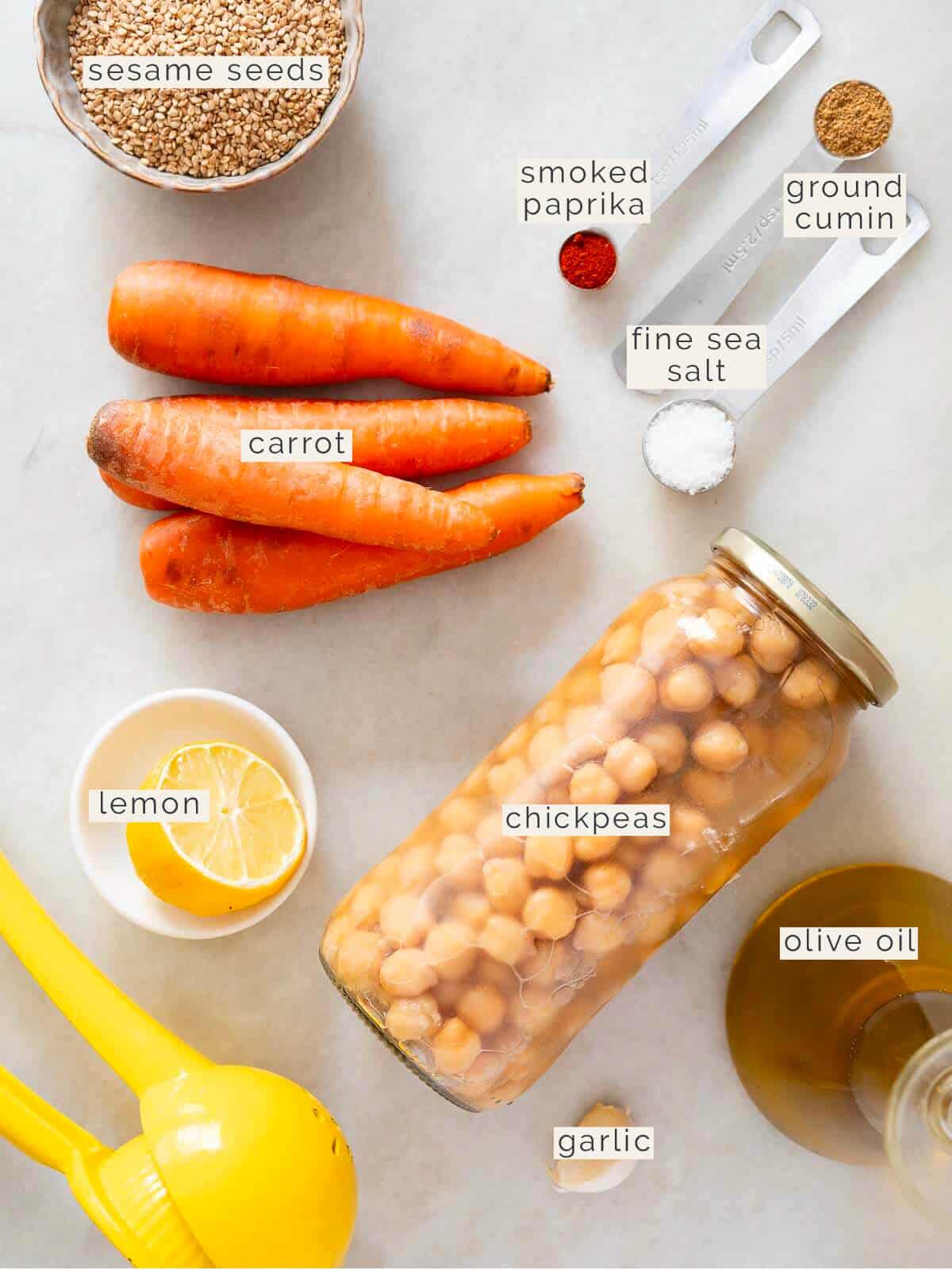 labeled ingredients to make carrot hummus without tahini.
