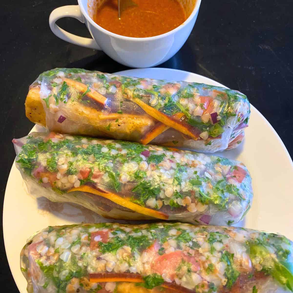 tofu and buckwheat tabbouleh wrap with spicy peanut sauce