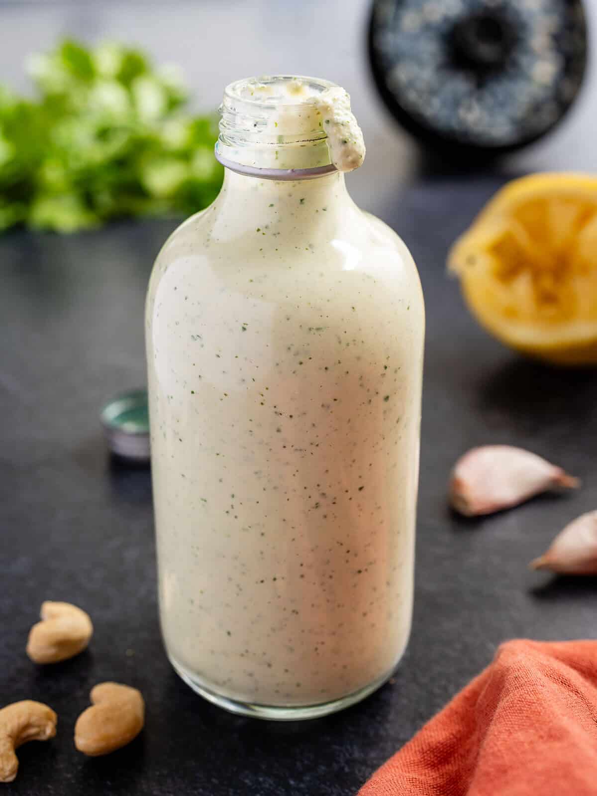 milk-free ranch dressing in a glass bottle.