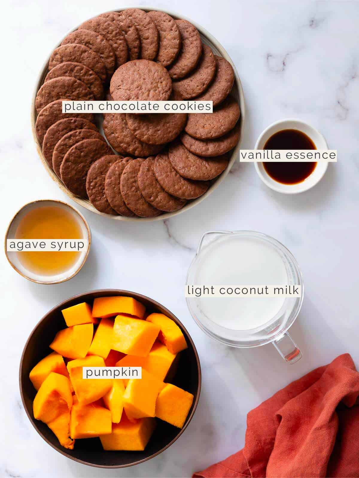 ingredients to male a chocolate pumpkin cake.