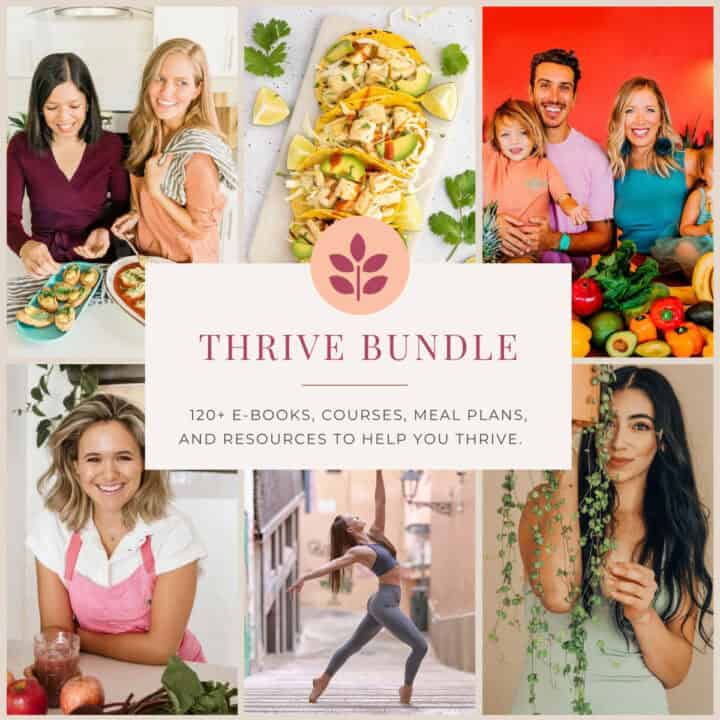 thrive bundle book cover showing food fruits and vegetables, juicing, gardening and movement embodying wellness