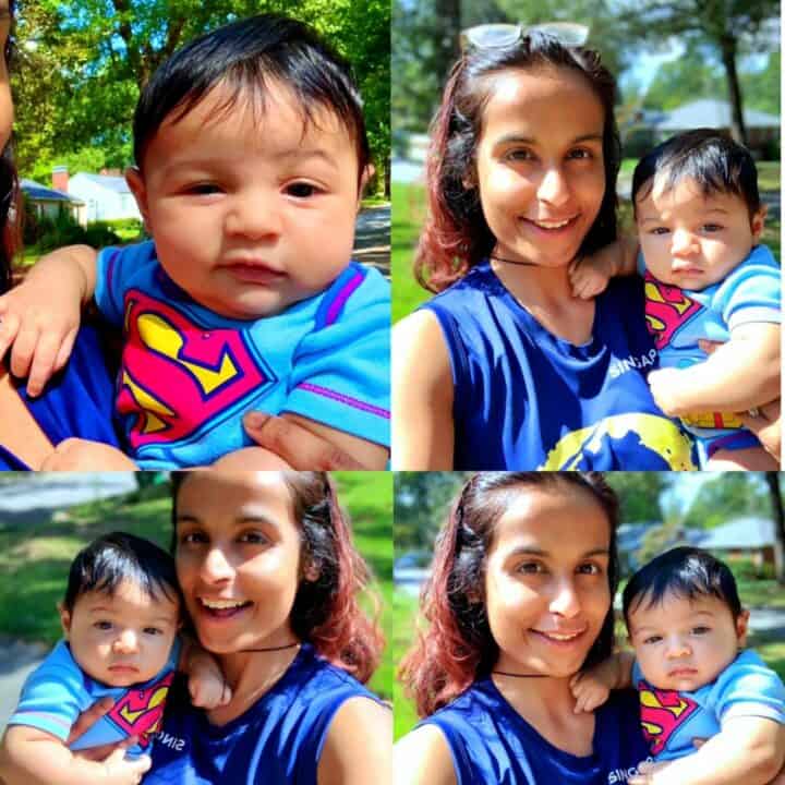 natasha and baby zander in his superman onesie